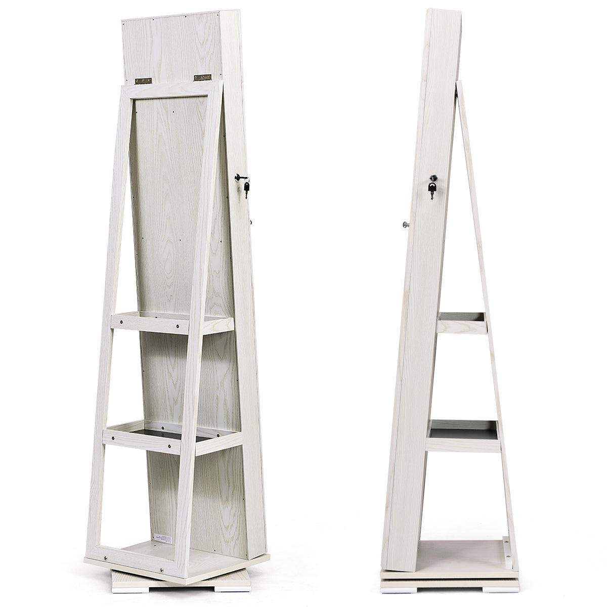 360° Rotating Jewelry Cabinet with Full-Length Mirror, White - 3 Shelves