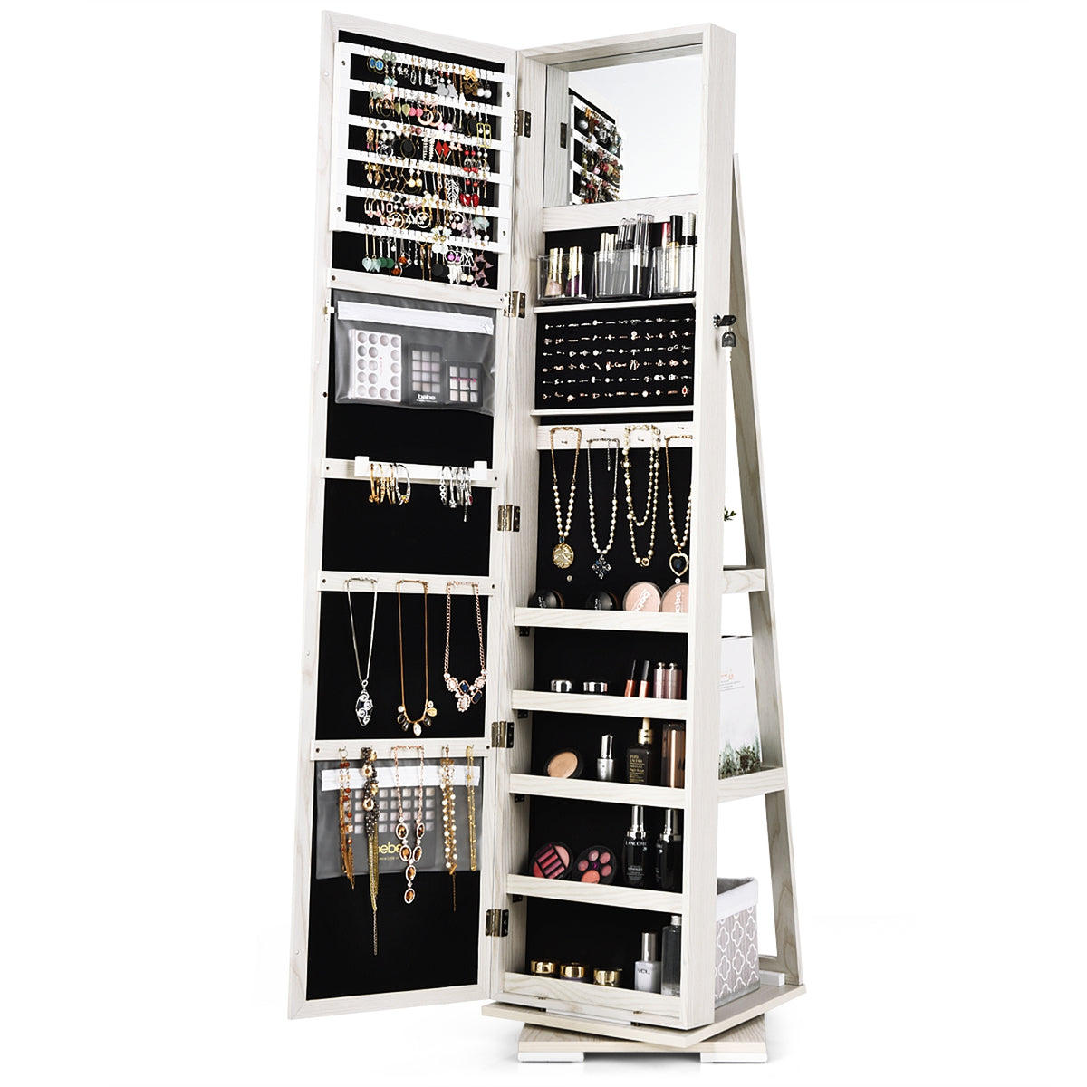 360° Rotating Jewelry Cabinet with Full-Length Mirror, White - 3 Shelves