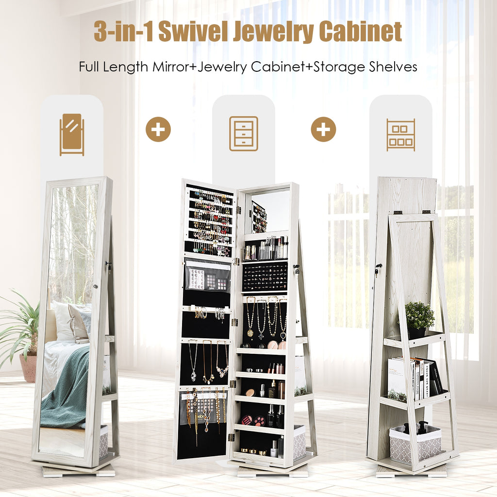 360° Rotating Jewelry Cabinet with Full-Length Mirror, White - 3 Shelves