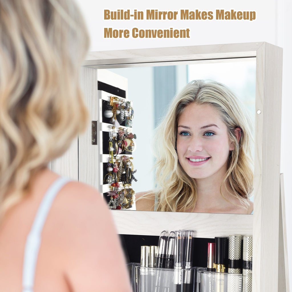 360° Rotating Jewelry Cabinet with Full-Length Mirror, White - 3 Shelves