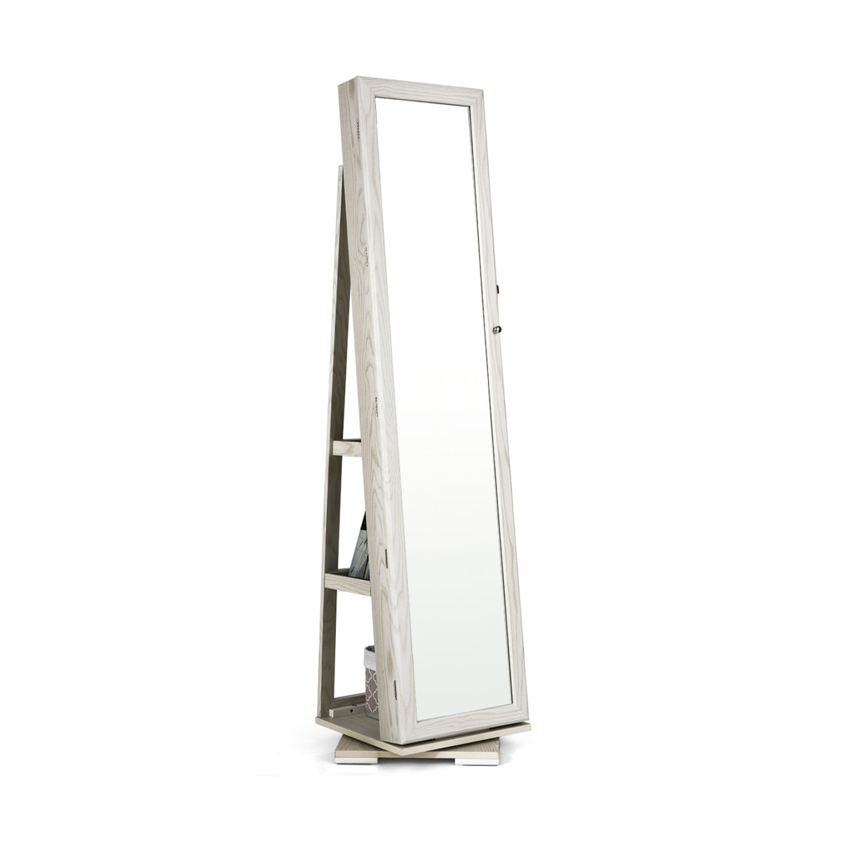 360° Rotating Jewelry Cabinet with Full-Length Mirror, White - 3 Shelves