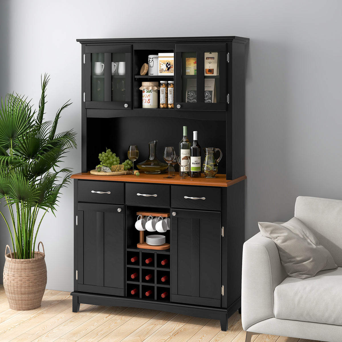 Kitchen Storage Hutch with Wine Rack & Drawers - Black