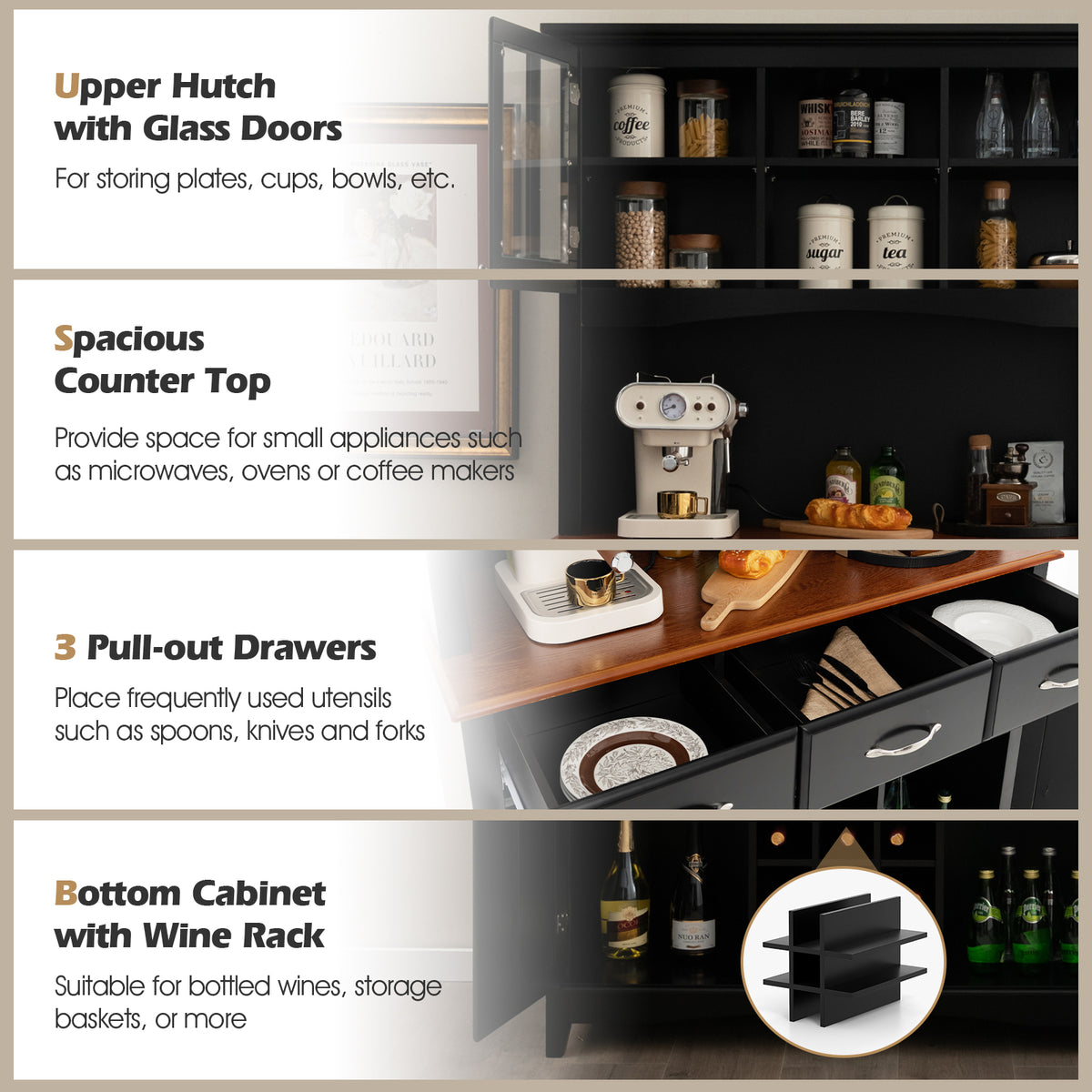 Kitchen Storage Hutch with Wine Rack & Drawers - Black