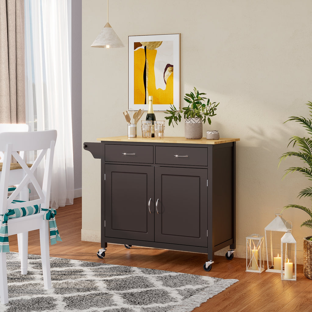 Modern Rolling Kitchen Cart with Wood Countertop - Brown