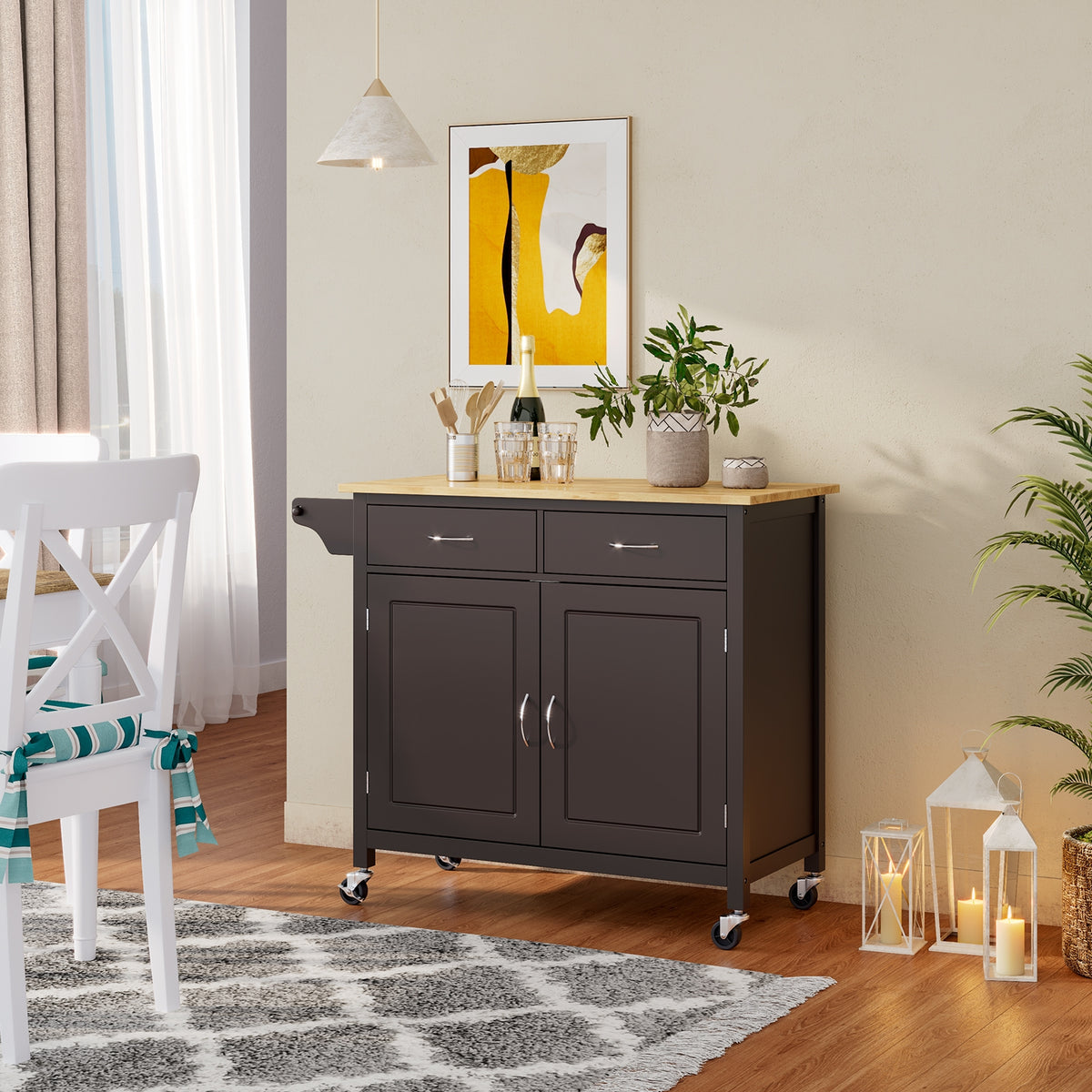 Modern Rolling Kitchen Cart with Wood Countertop - Brown