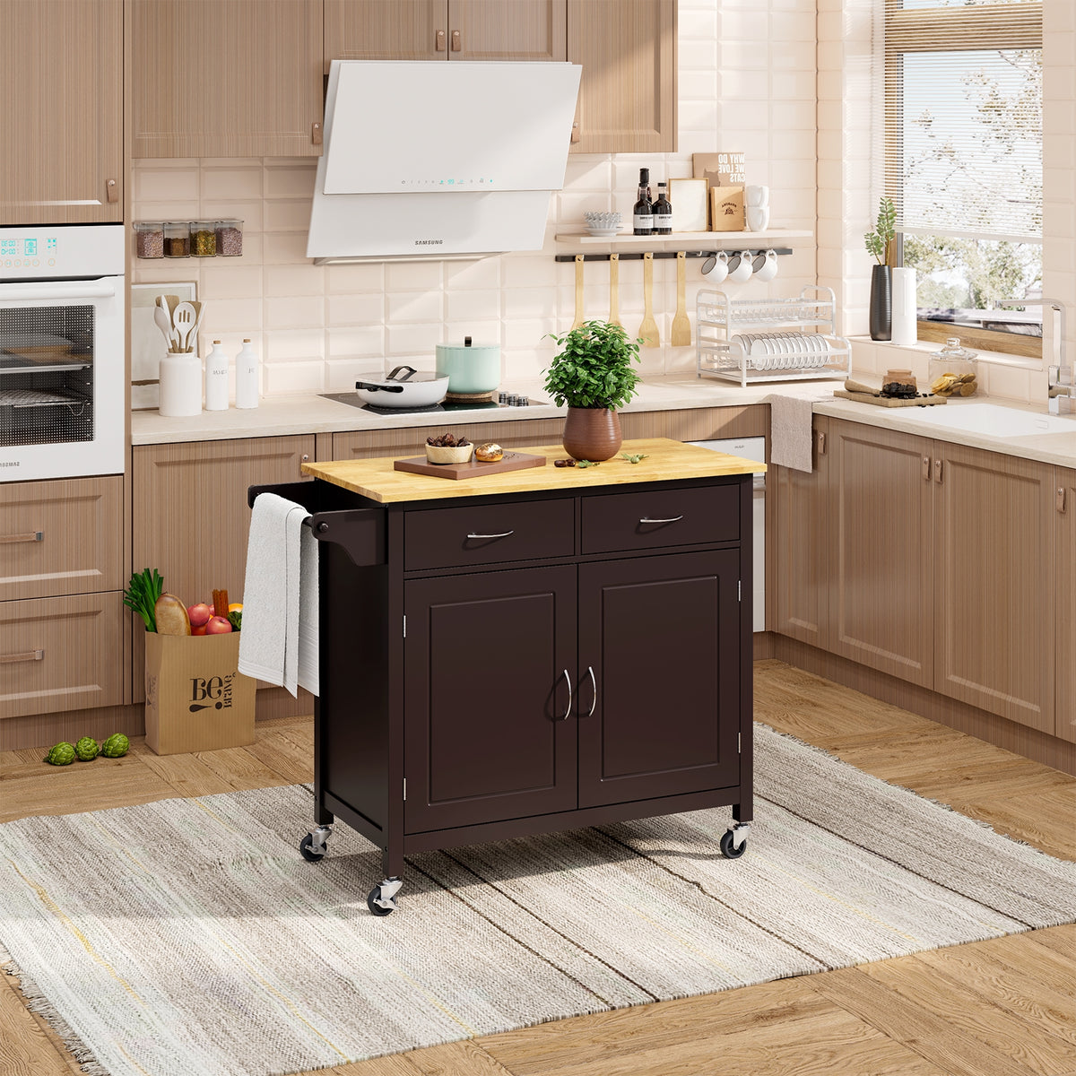 Modern Rolling Kitchen Cart with Wood Countertop - Brown