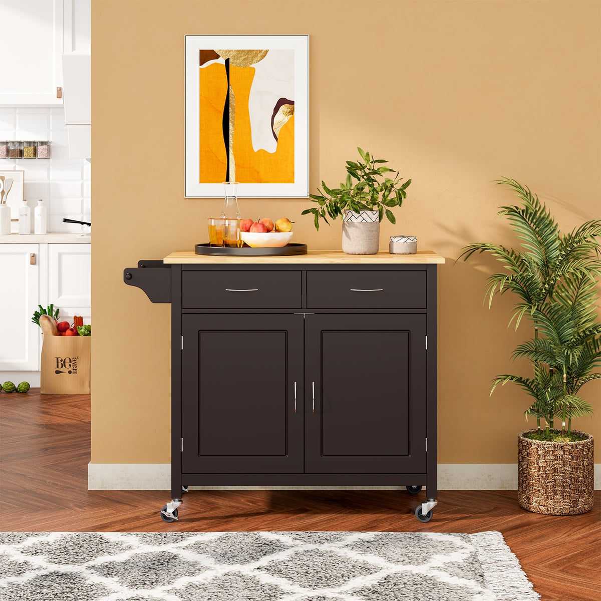 Modern Rolling Kitchen Cart with Wood Top - Brown