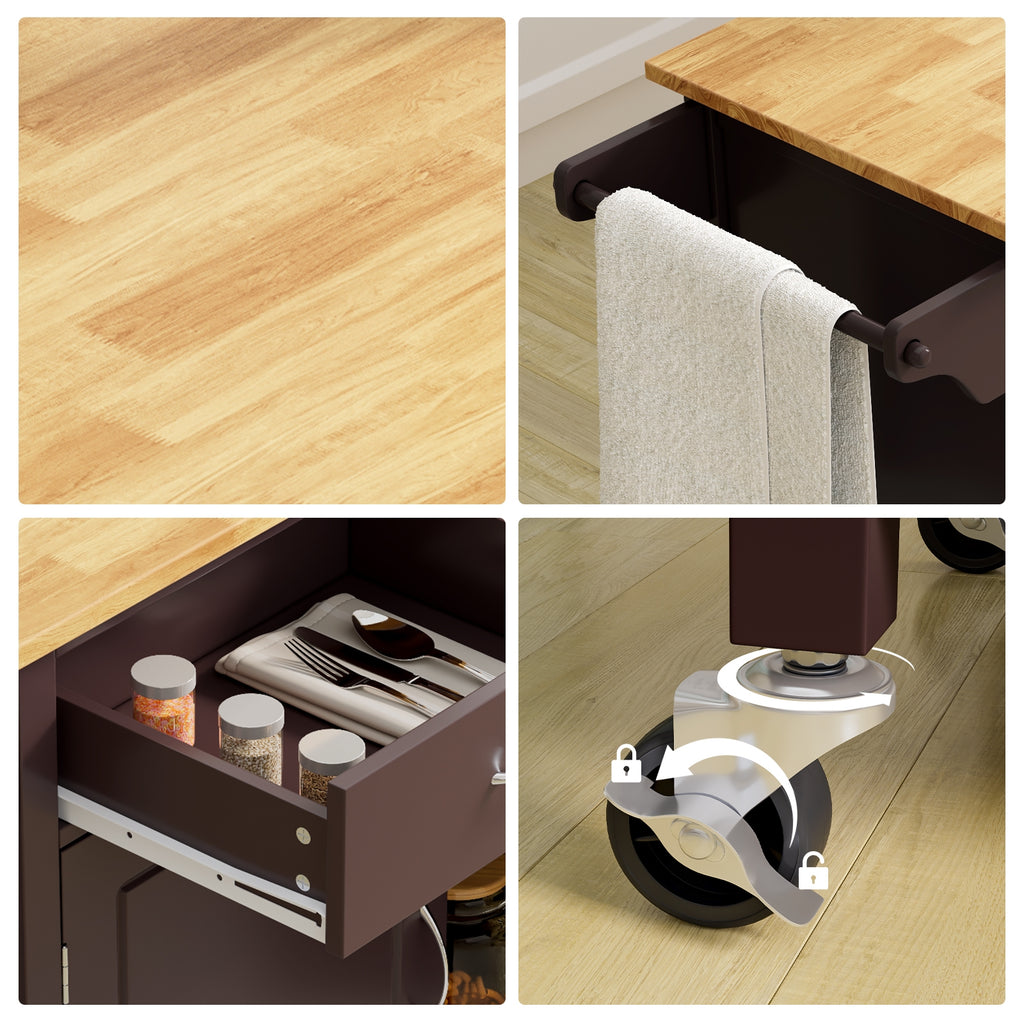 Modern Rolling Kitchen Cart with Wood Top - Brown