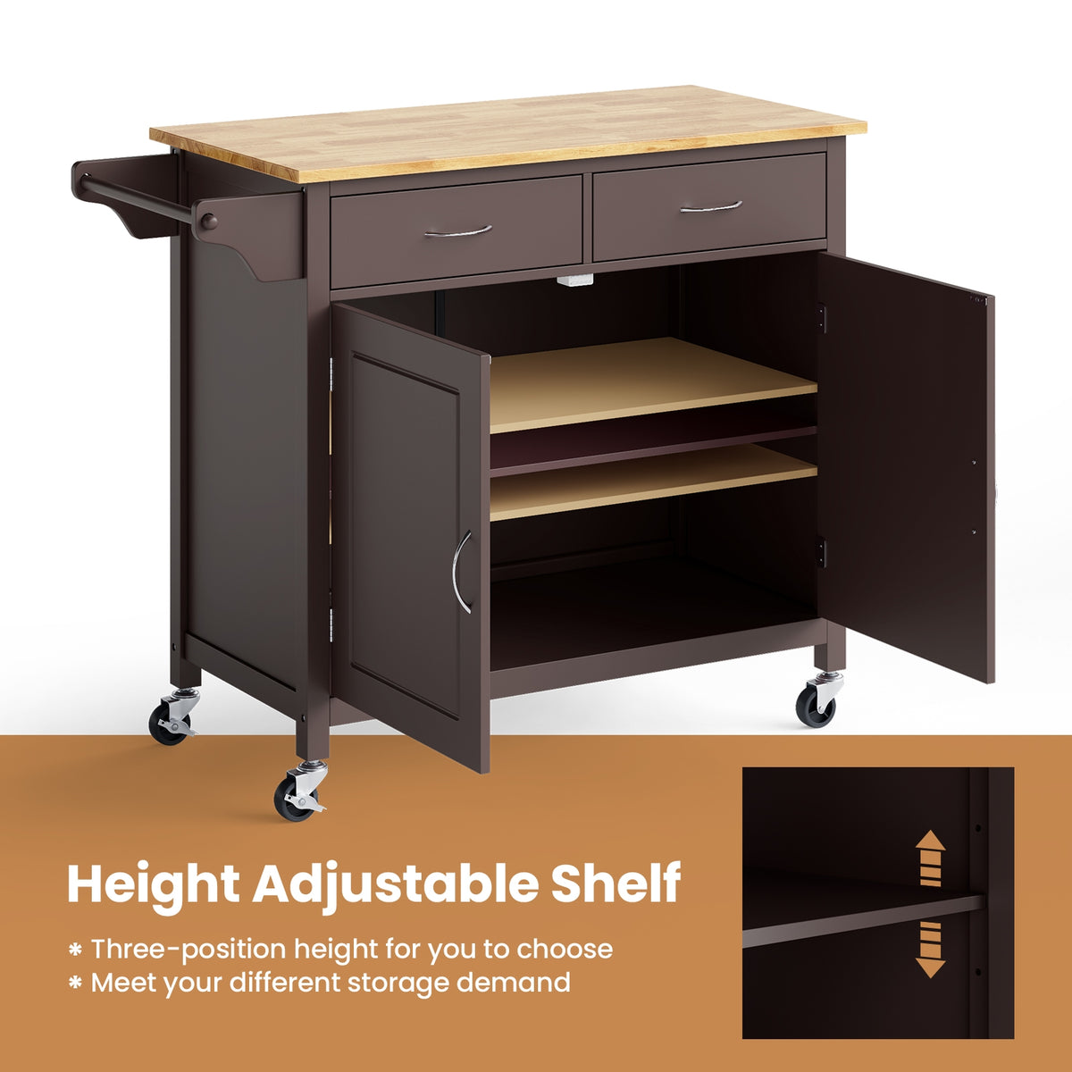 Modern Rolling Kitchen Cart with Wood Countertop - Brown
