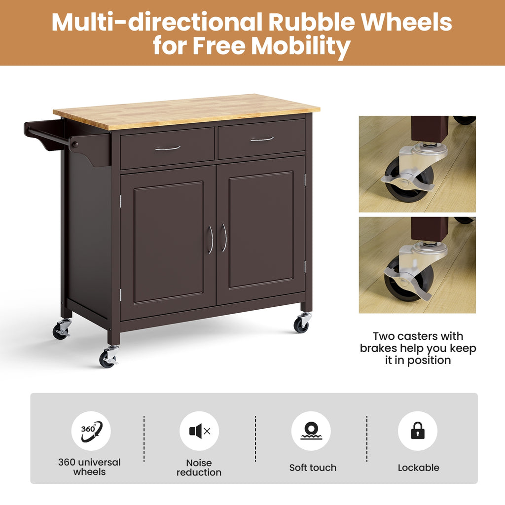 Modern Rolling Kitchen Cart with Wood Countertop - Brown