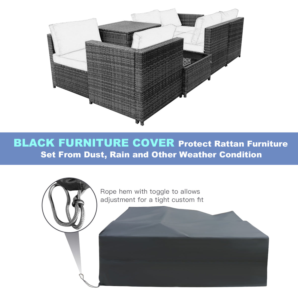 8-Piece Rattan Sofa Set with Storage Table - Gray Navy