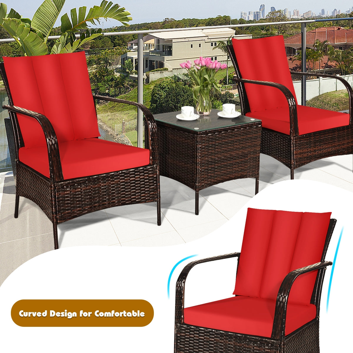 3 Pieces Patio Rattan Conversation Set with Glass Top Coffee Table
