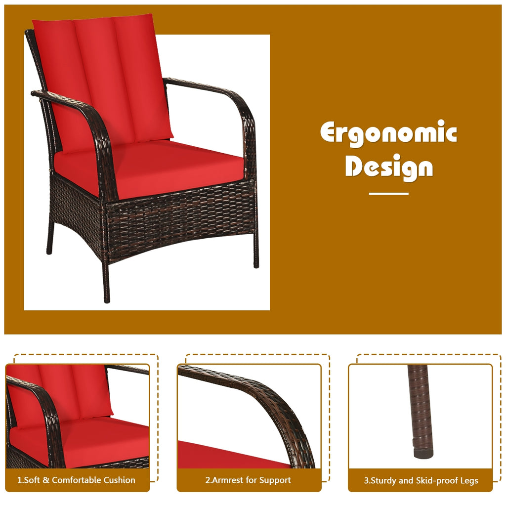 3 Pieces Patio Rattan Conversation Set with Glass Top Coffee Table