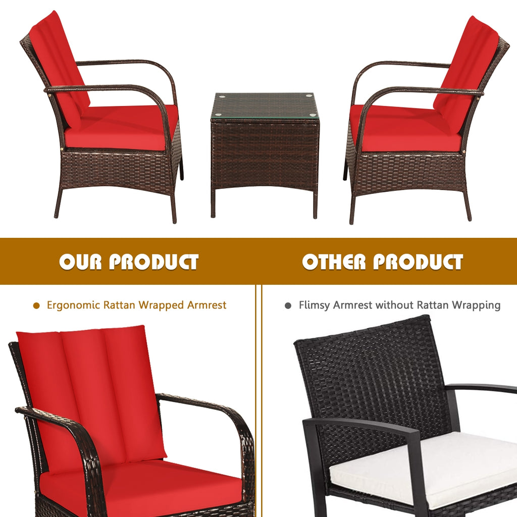 3 Pieces Patio Rattan Conversation Set with Glass Top Coffee Table
