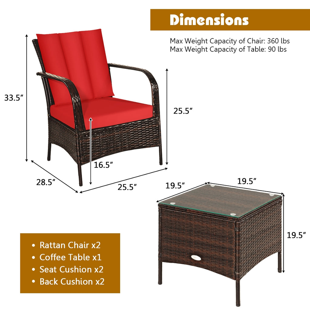3 Pieces Patio Rattan Conversation Set with Glass Top Coffee Table