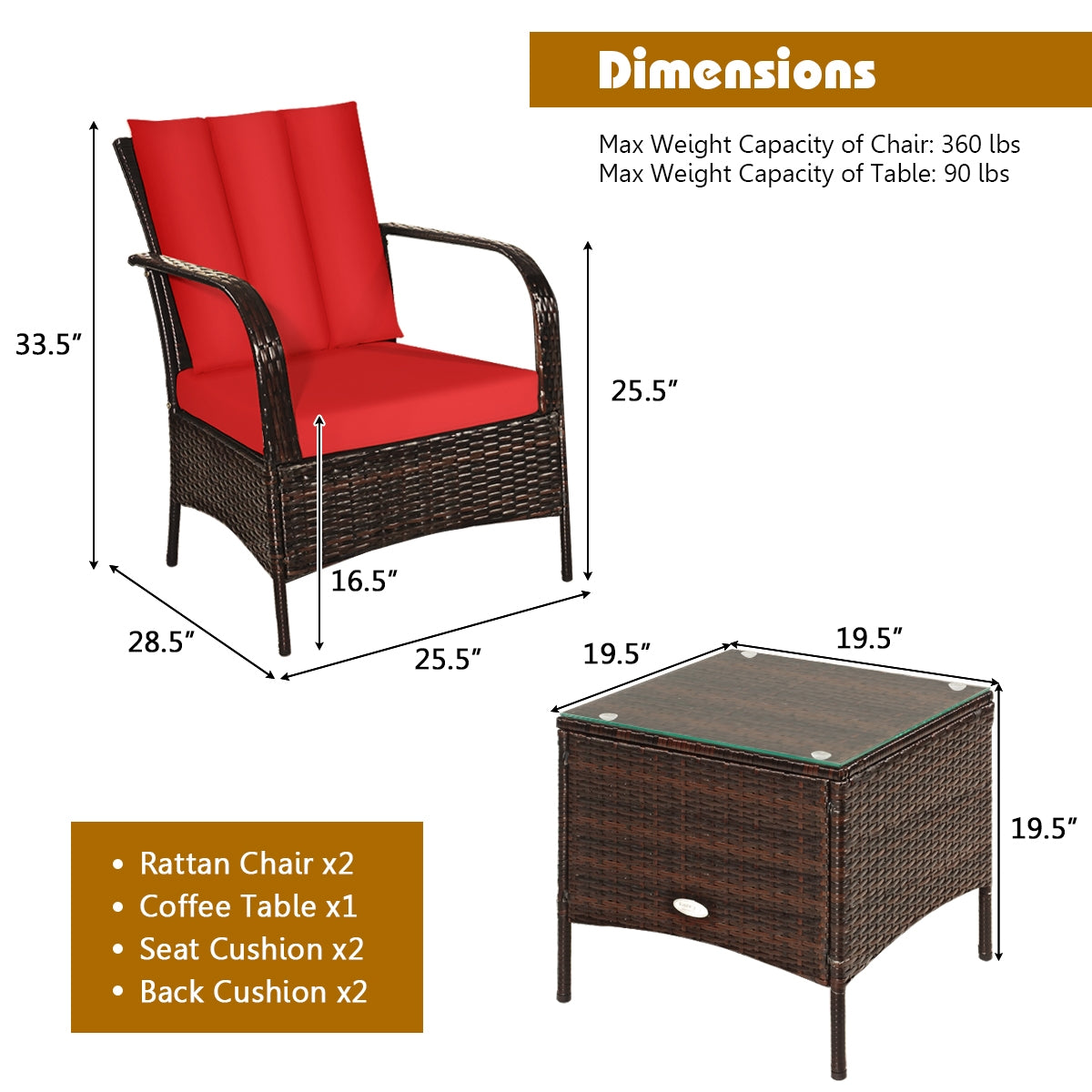 3 Pieces Patio Rattan Conversation Set with Glass Top Coffee Table
