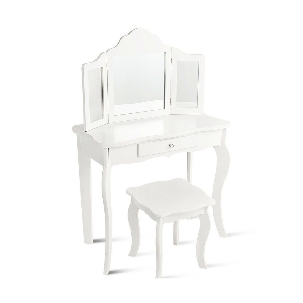 Kids Dressing Vanity Set with Detachable Mirror and Stool - White, No Lights