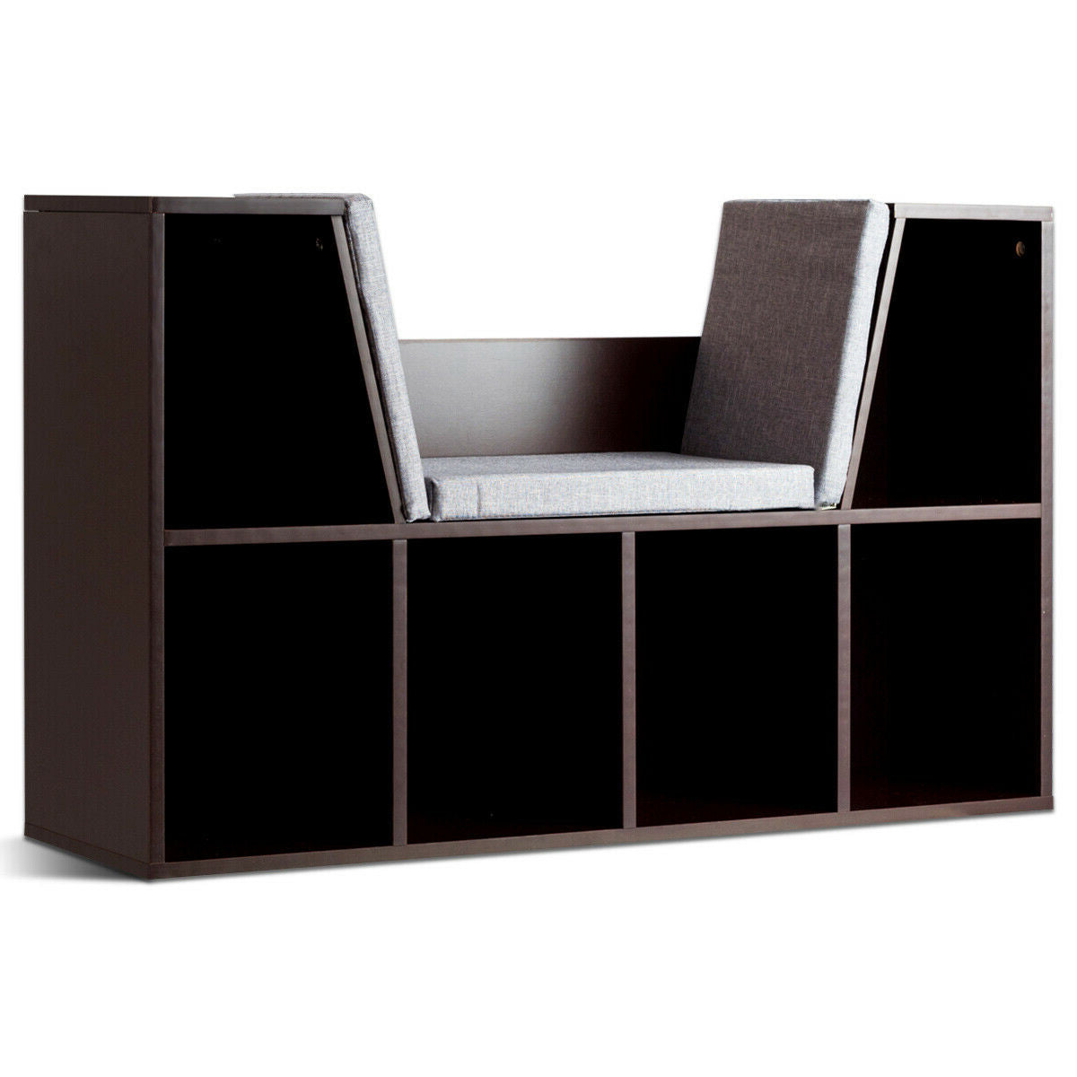 Brown 6-Cubby Kid Storage Bookcase with Cushioned Reading Nook