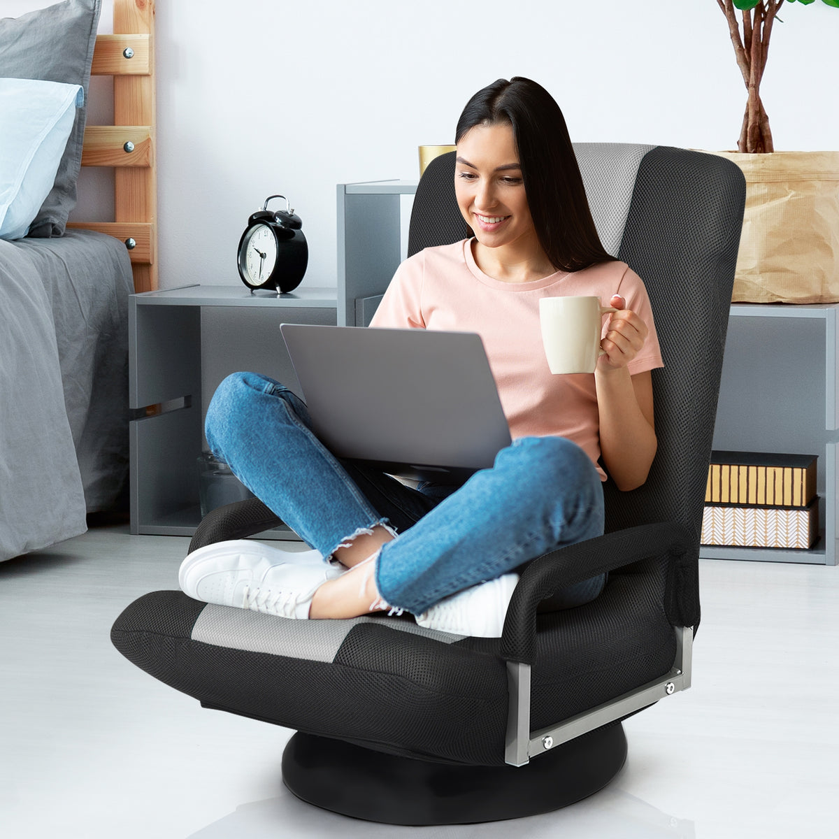 Foldable 360° Gaming Floor Chair with Adjustable Backrest - Gray