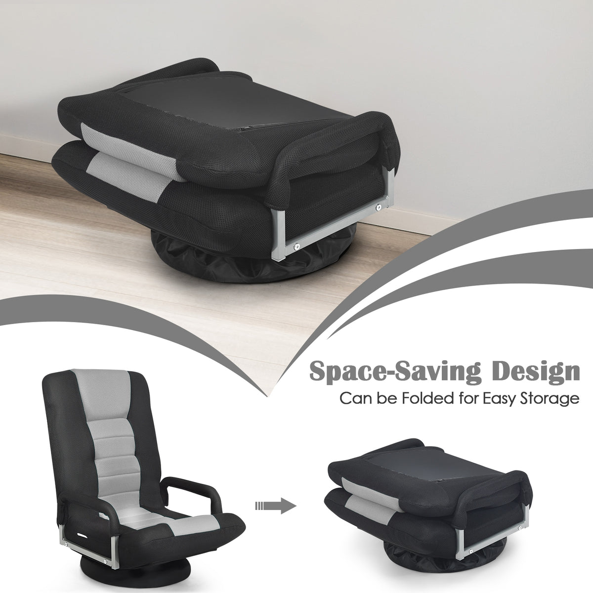 Foldable 360° Gaming Floor Chair with Adjustable Backrest - Gray