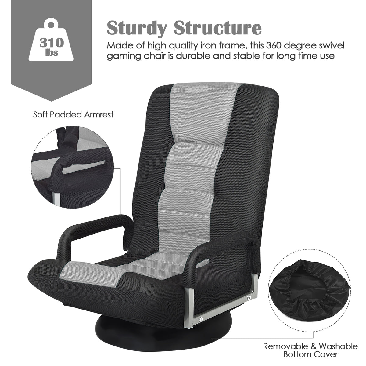 Foldable 360° Gaming Floor Chair with Adjustable Backrest - Gray