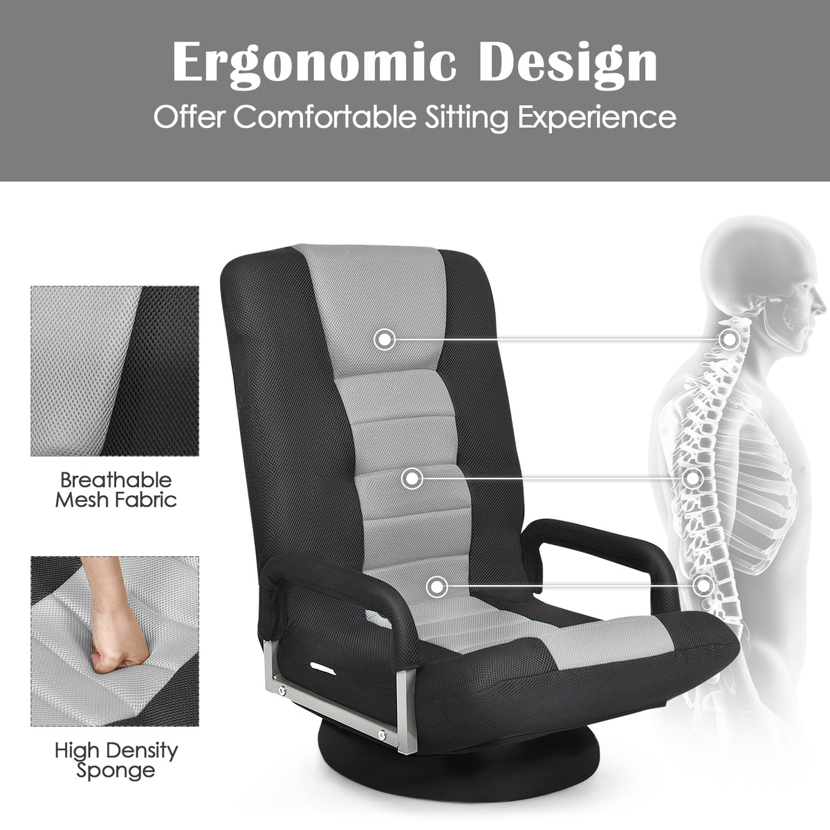 Foldable 360° Gaming Floor Chair with Adjustable Backrest - Gray