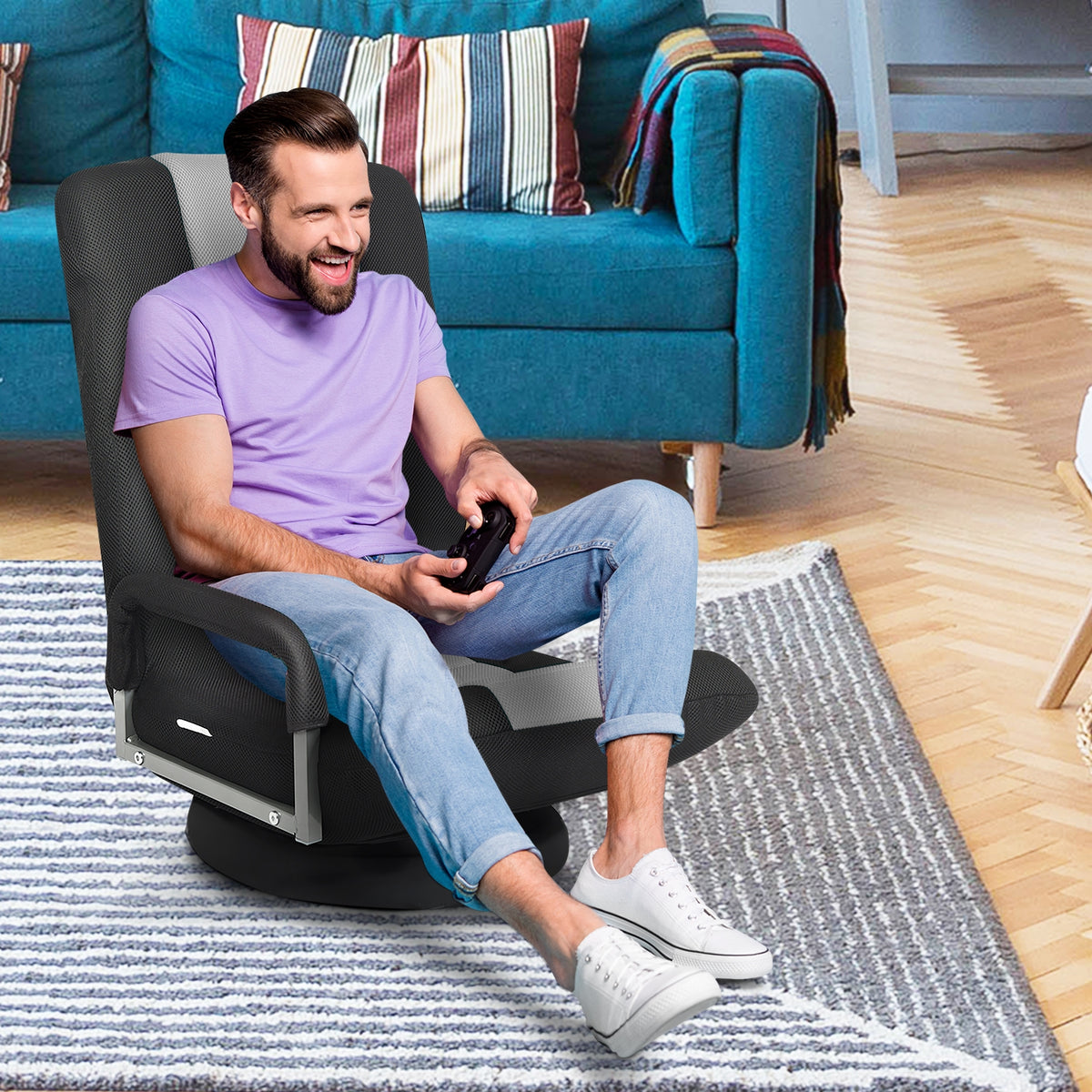 Foldable 360° Gaming Floor Chair with Adjustable Backrest - Gray