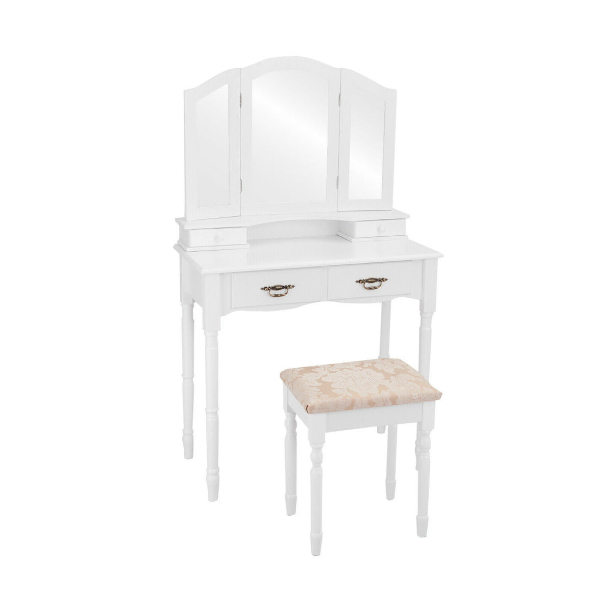 Makeup Vanity Set with Tri-Fold Mirror, 4 Drawers & Stool - White