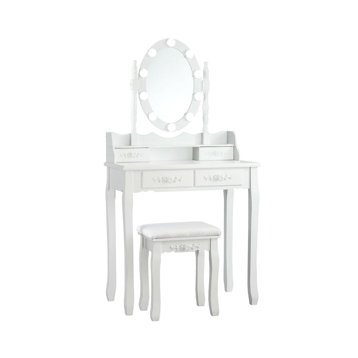 Makeup Dressing Table with Lighted Mirror & Stool - White
