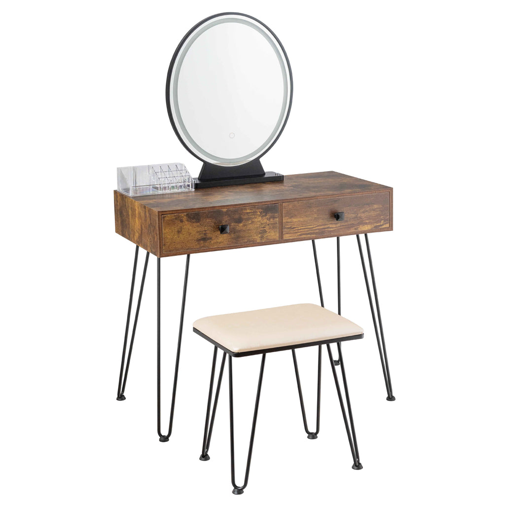 Makeup Dressing Table with LED Lighting - Rustic Brown