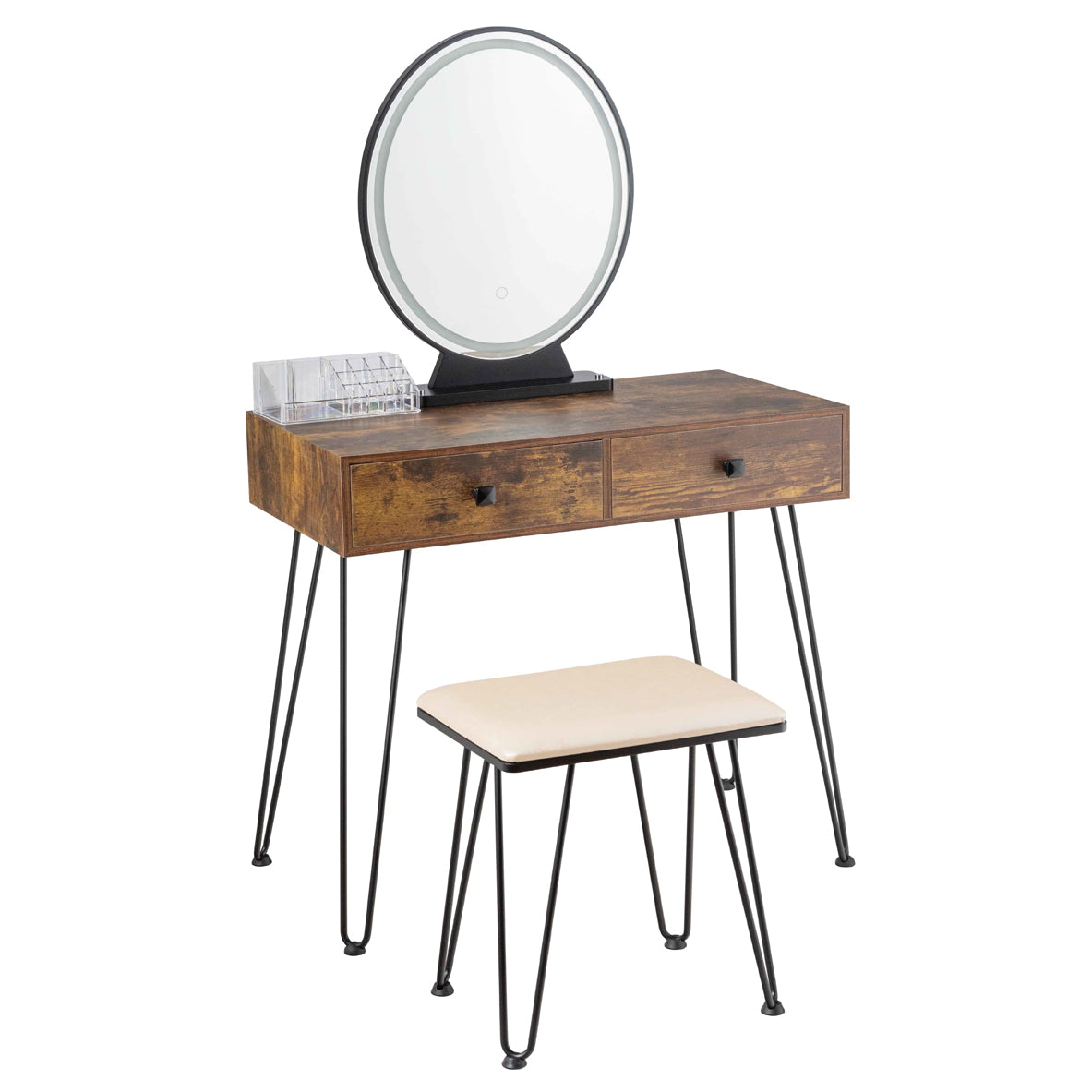 Makeup Dressing Table with LED Lighting - Rustic Brown