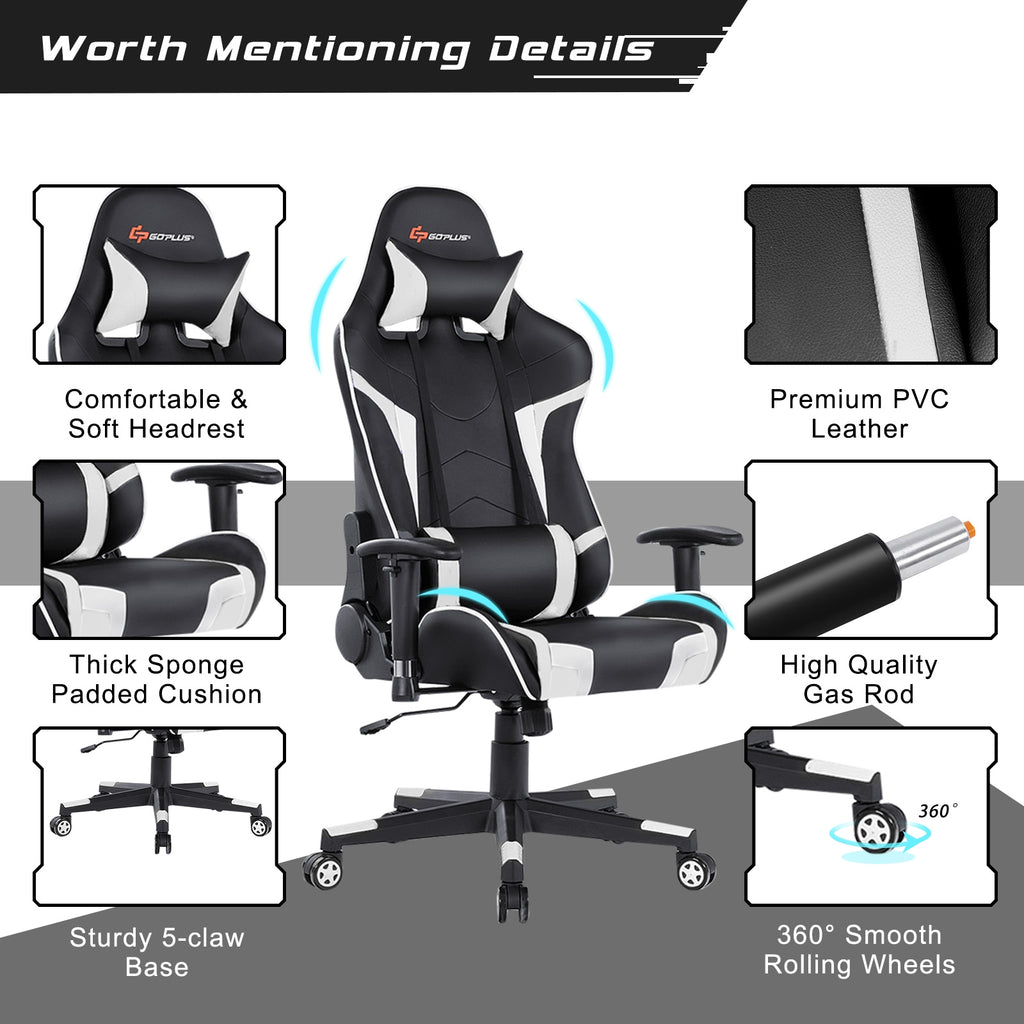 Reclining Swivel Massage Gaming Chair with Lumbar Support - White