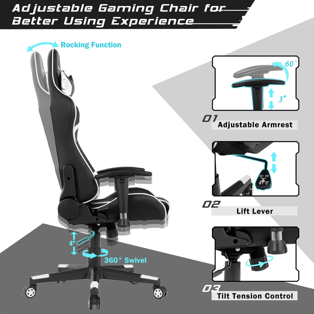 Reclining Swivel Massage Gaming Chair with Lumbar Support - White