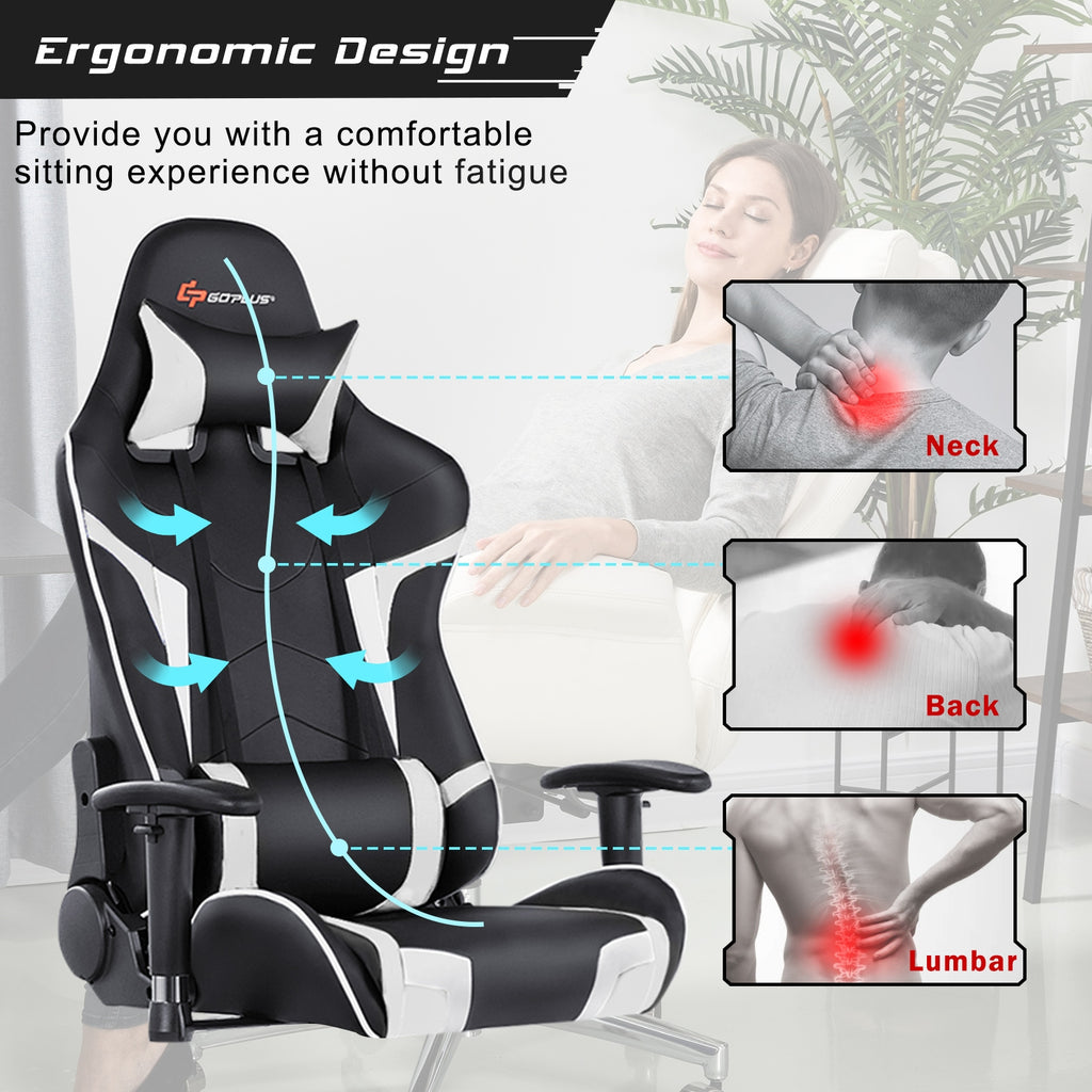 Reclining Swivel Massage Gaming Chair with Lumbar Support - White