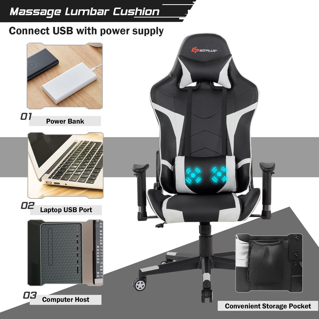 Reclining Swivel Massage Gaming Chair with Lumbar Support - White