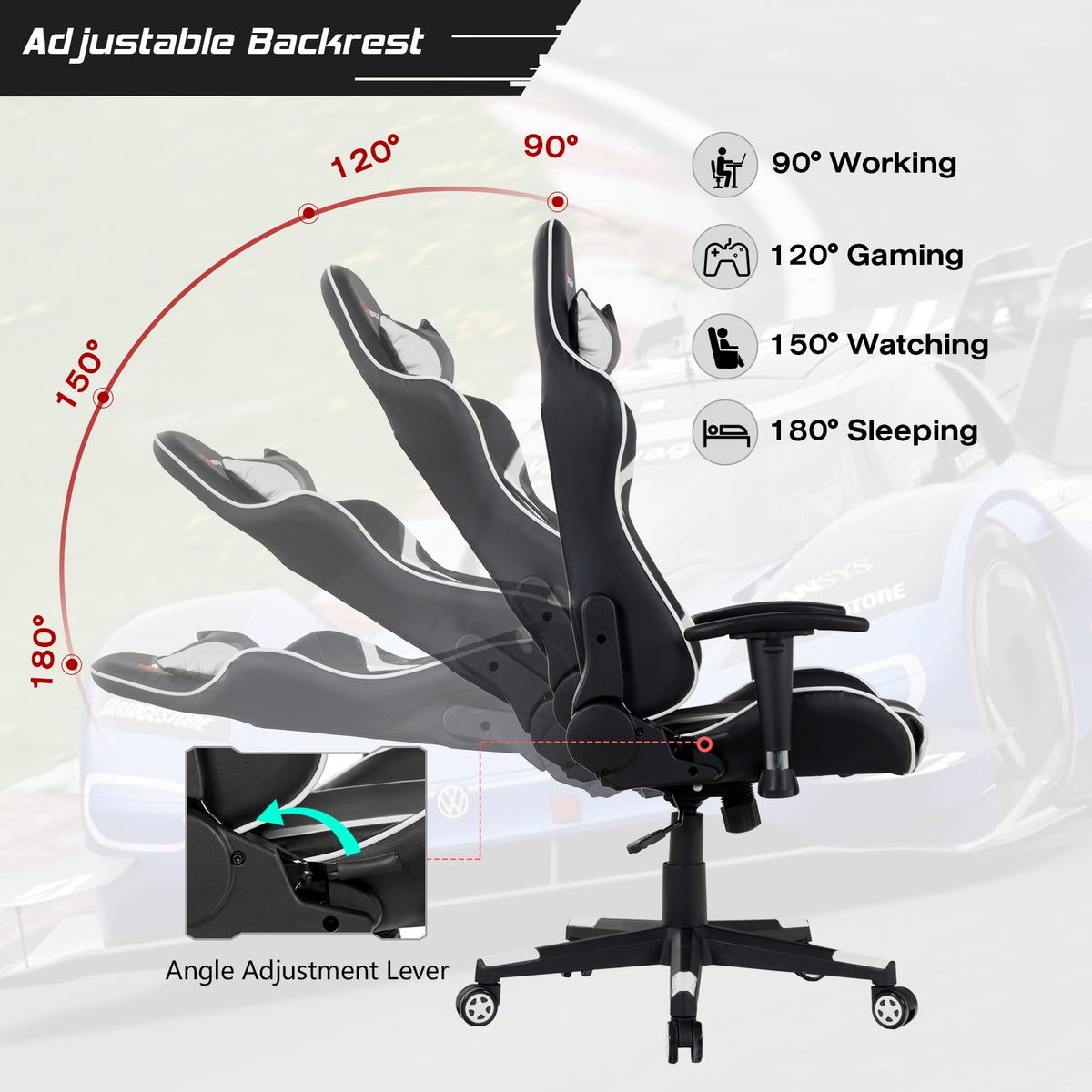 Reclining Swivel Massage Gaming Chair with Lumbar Support - White