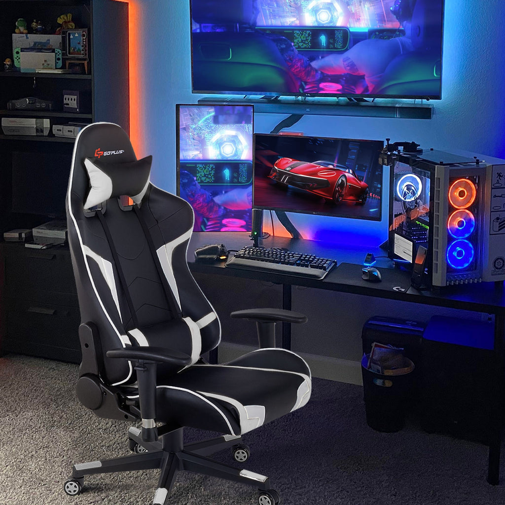 Reclining Swivel Massage Gaming Chair with Lumbar Support - White