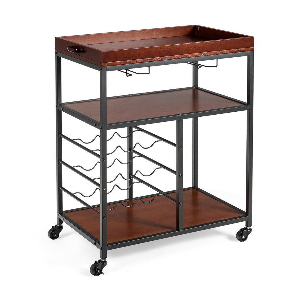 3-Tier Wine Bar Cart on Wheels with Glass Racks - Rustic Brown