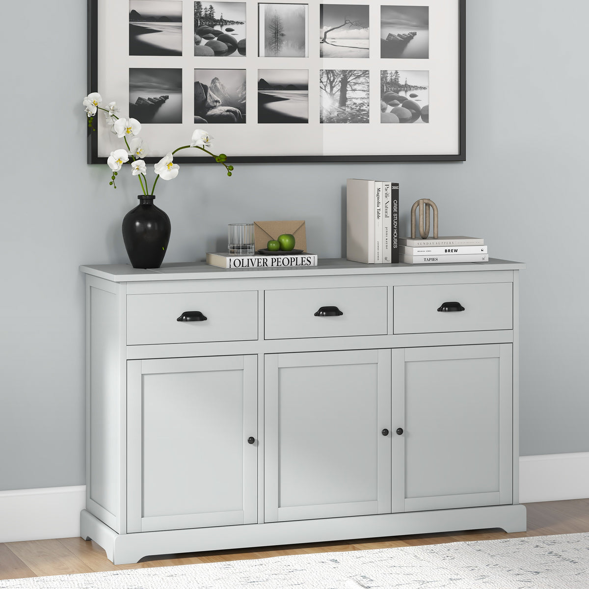 3-Drawer Sideboard Buffet Storage with Shelves - Gray