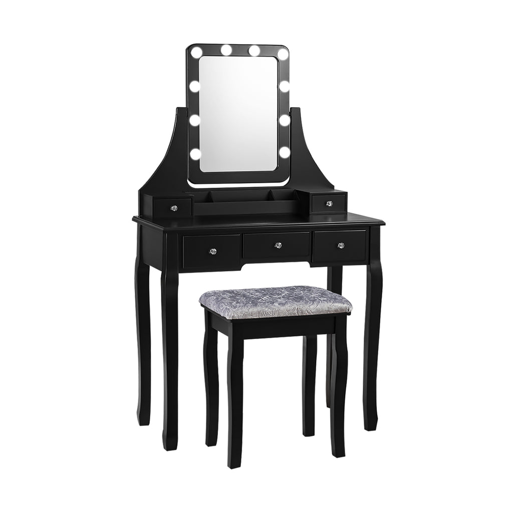 Dressing Table with 10 Dimmable Bulbs and Cushioned Stool - Black