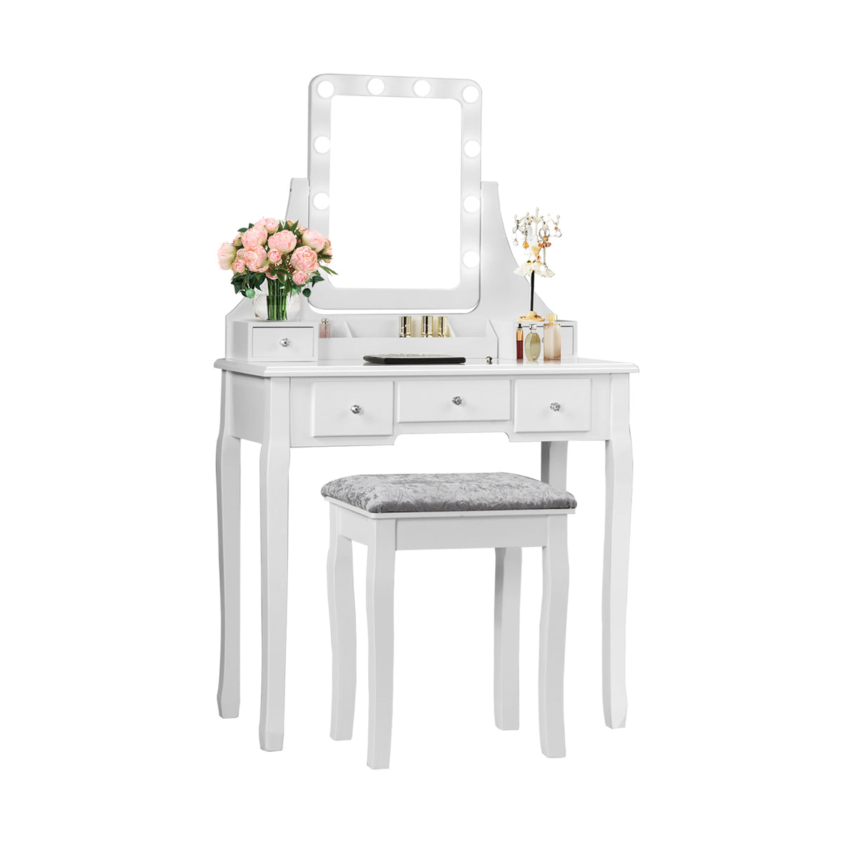 Dressing Table with 10 Dimmable Bulbs and Cushioned Stool, White