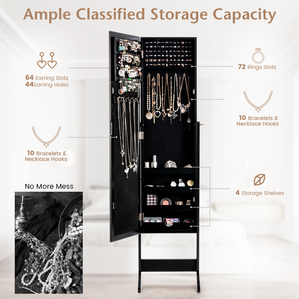 Mirrored Standing Jewelry Cabinet Storage Box - Black