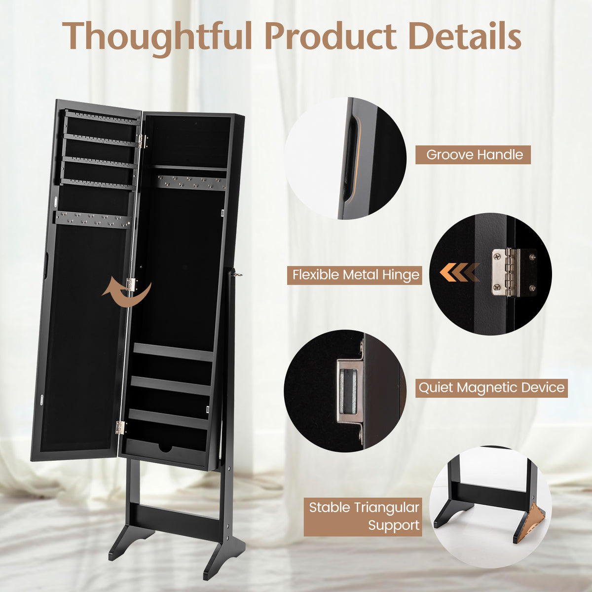 Mirrored Standing Jewelry Cabinet Storage Box - Black