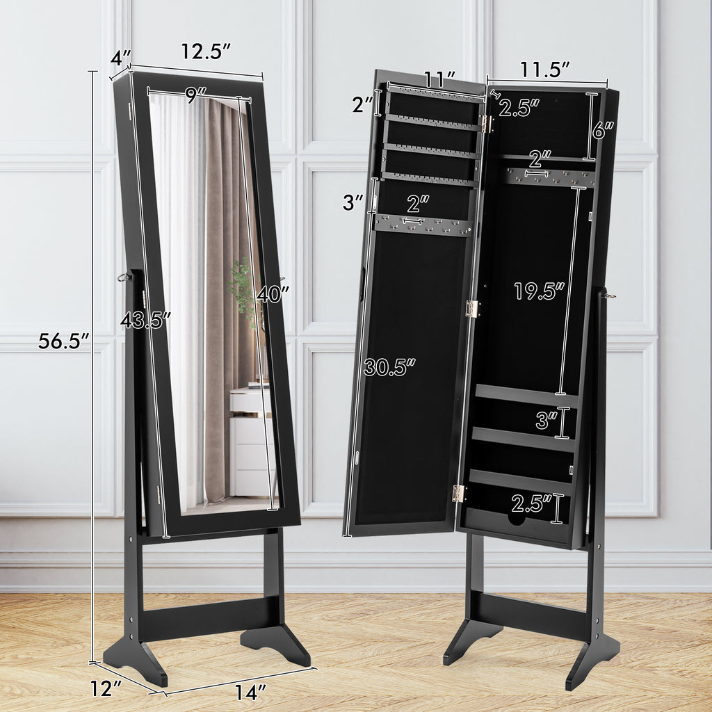 Mirrored Standing Jewelry Cabinet Storage Box - Black