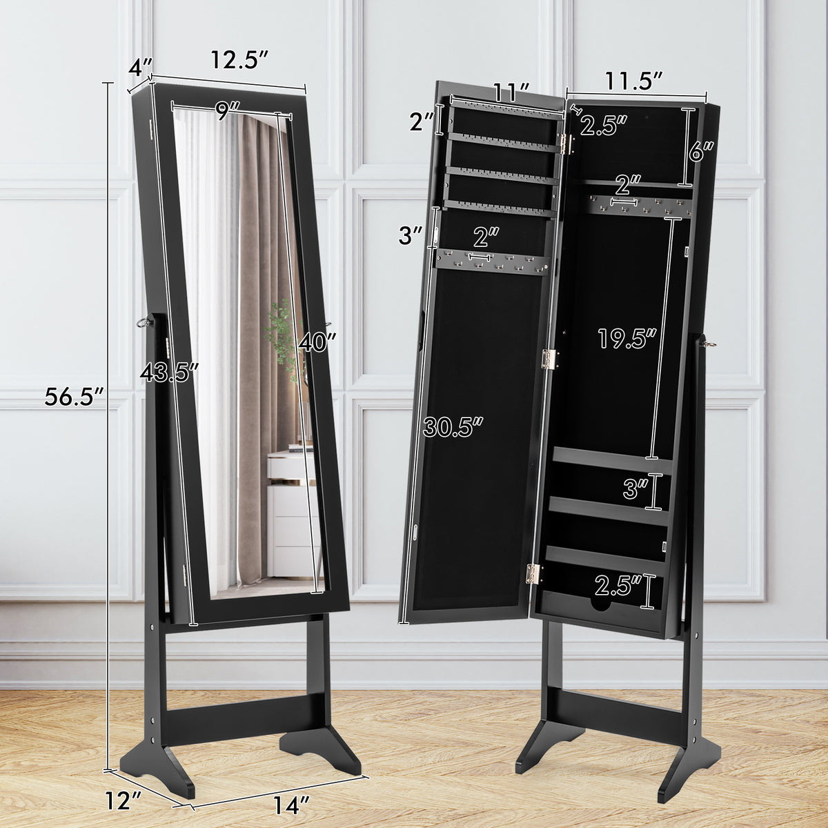 Mirrored Standing Jewelry Cabinet Storage Box - Black
