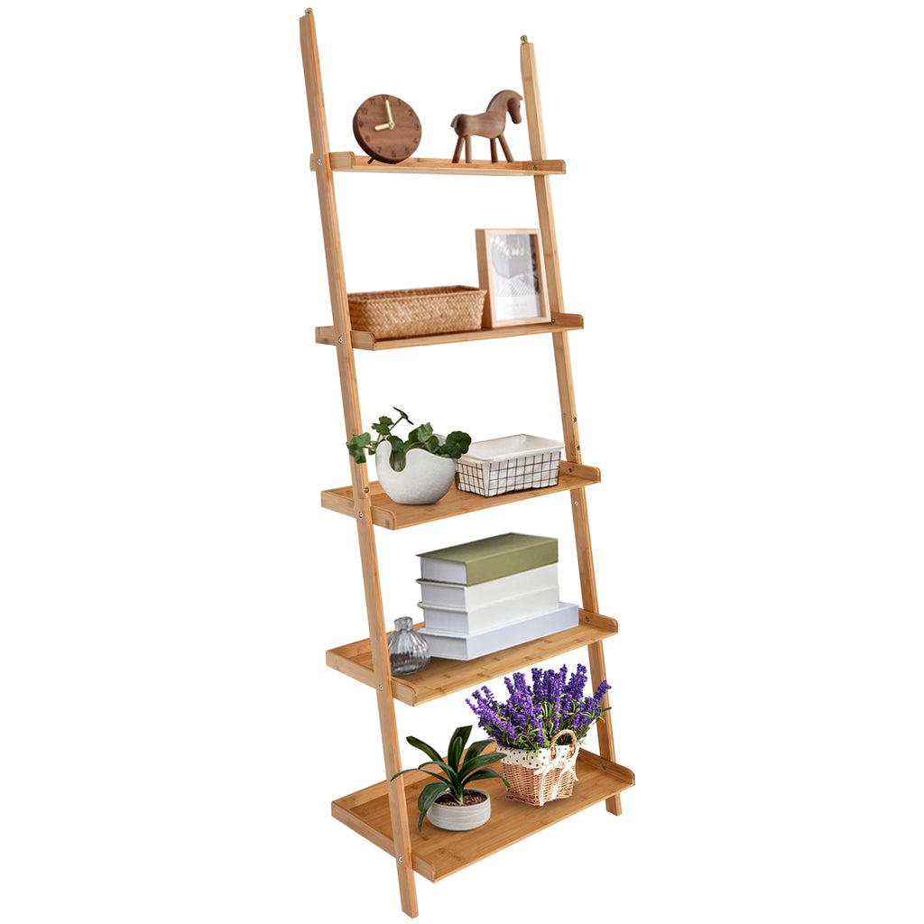 5-Tier Ladder Shelf Bamboo Bookshelf Wall-Leaning Storage Display