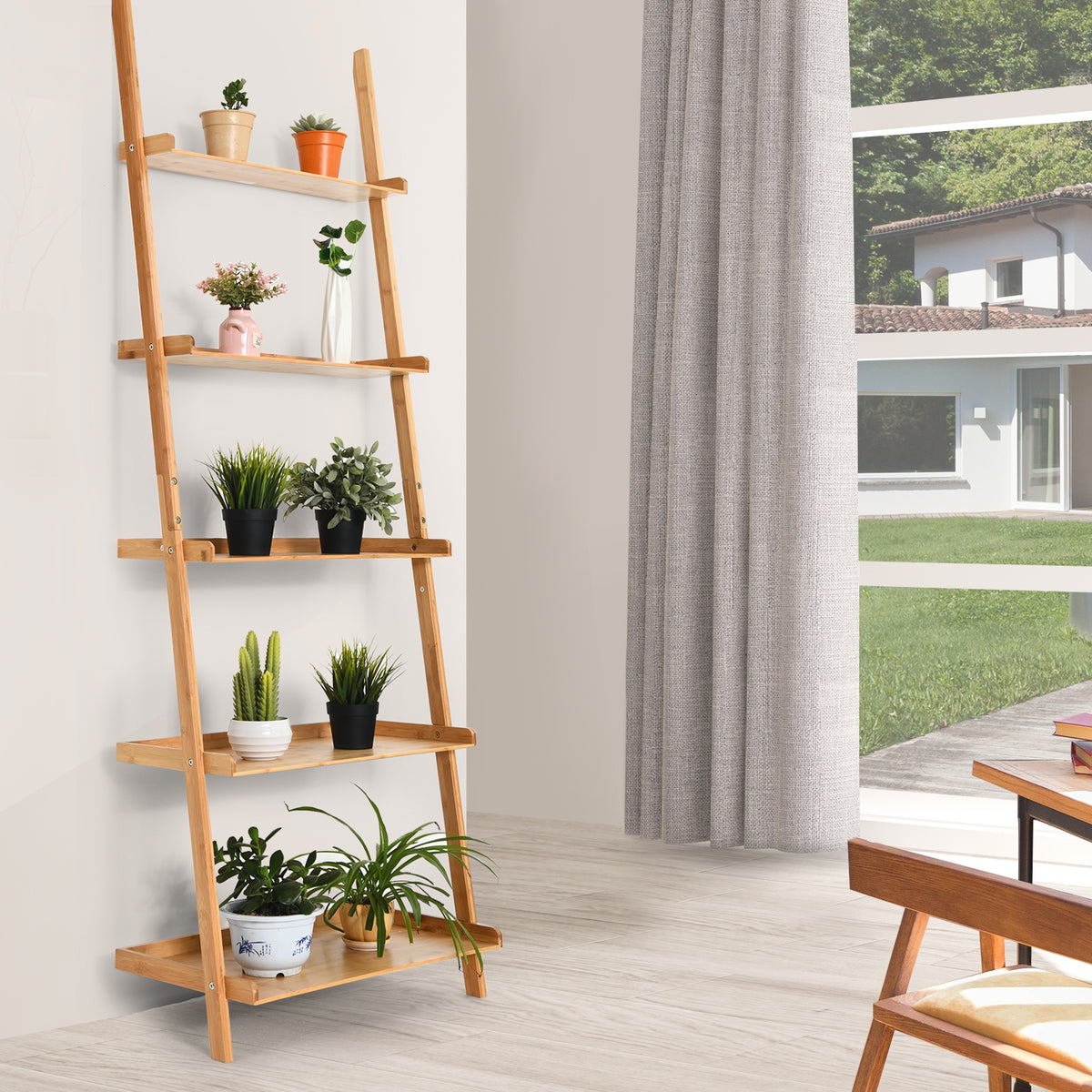 5-Tier Ladder Shelf Bamboo Bookshelf Wall-Leaning Storage Display