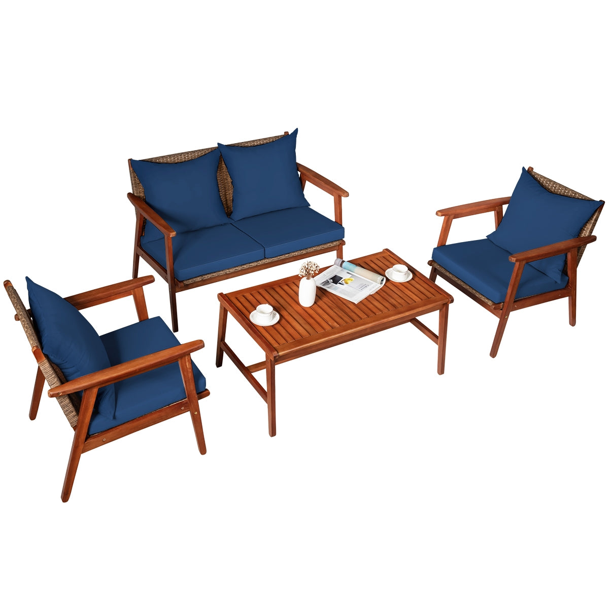 4-Piece Acacia Wood Patio Rattan Furniture Set with Cushions - Brown