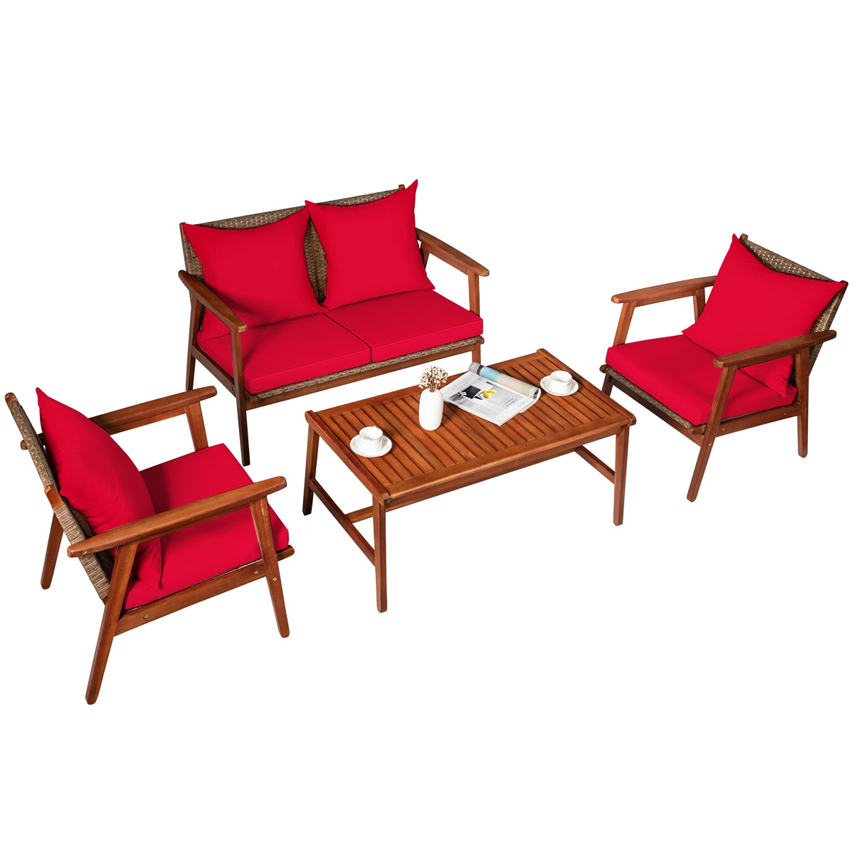 4-Piece Acacia Wood Patio Rattan Furniture Set with Cushions - Brown