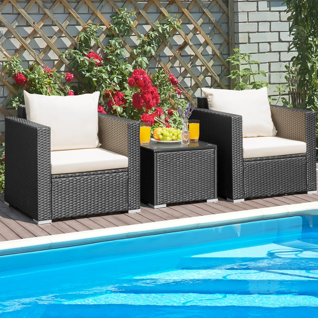 3-Piece Patio Wicker Conversation Set with Cushions - White